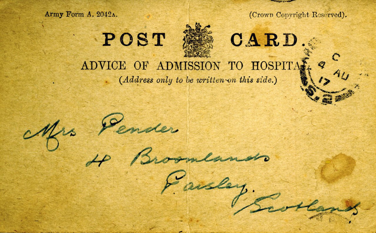 Scan of Hospital Reditection Post Card - John Pender, 4th August, 1917